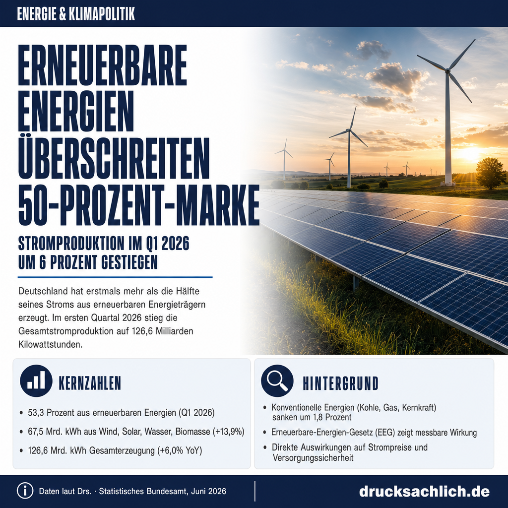 Stromproduktion steigt um 6 Prozent – Erneuerbare dominieren