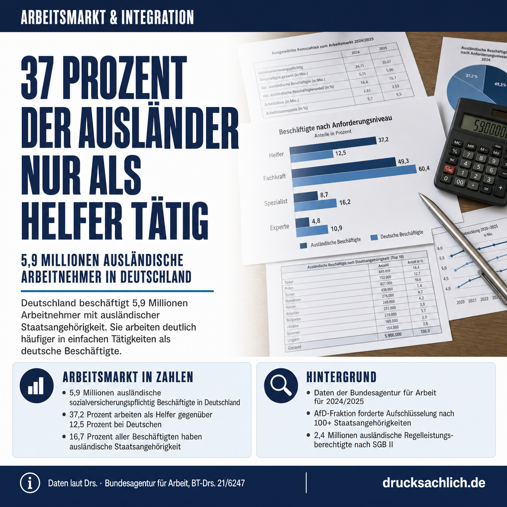5,9 Millionen Ausländer arbeiten, aber 37% nur als Helfer