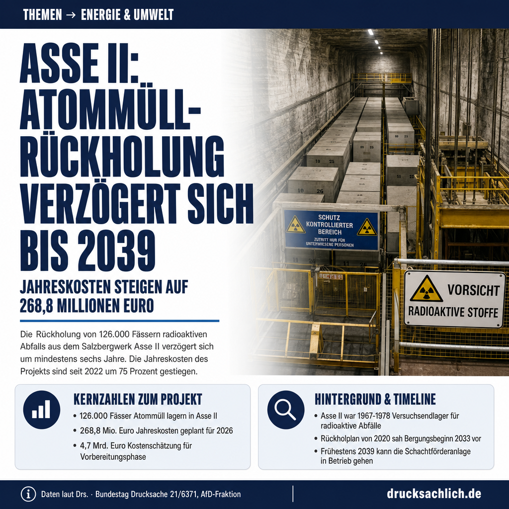 Asse II: Atomabfall-Rückholung verzögert sich auf nach 2039