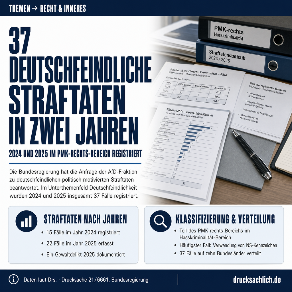 Deutschfeindliche PMK-rechts-Straftaten: 37 Fälle 2024 und 2025