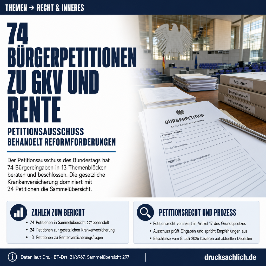 Petitionsausschuss: 74 Bürgeranliegen zu GKV, Rente und Strafrecht