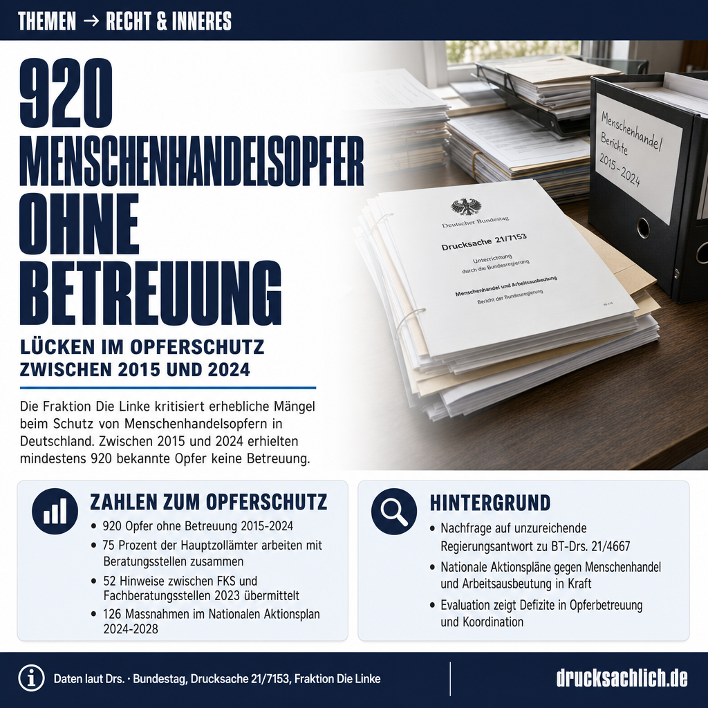 Menschenhandel: 920 Opfer ohne Betreuung zwischen 2015 und 2024
