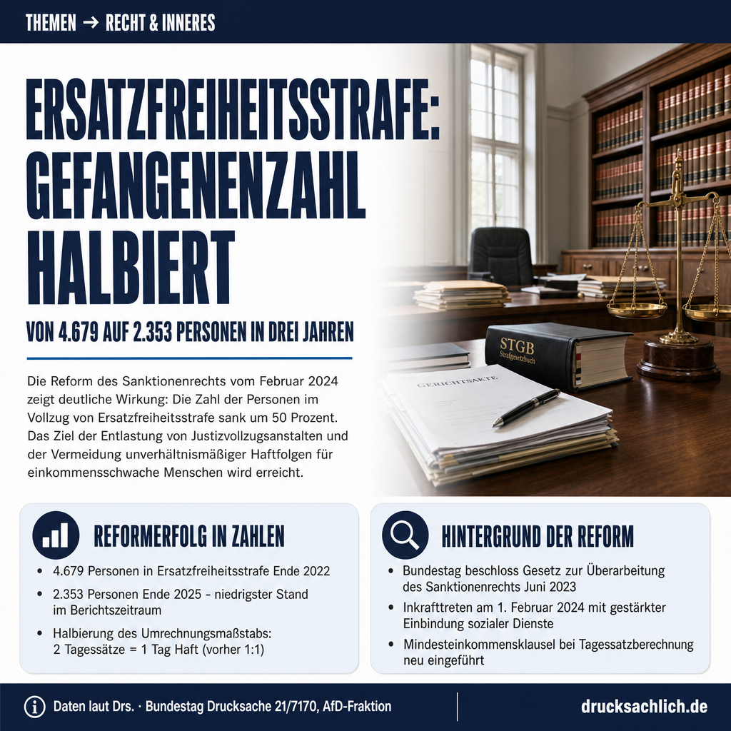 Ersatzfreiheitsstrafe: Gefangenenzahl sinkt von 4.679 auf 2.353