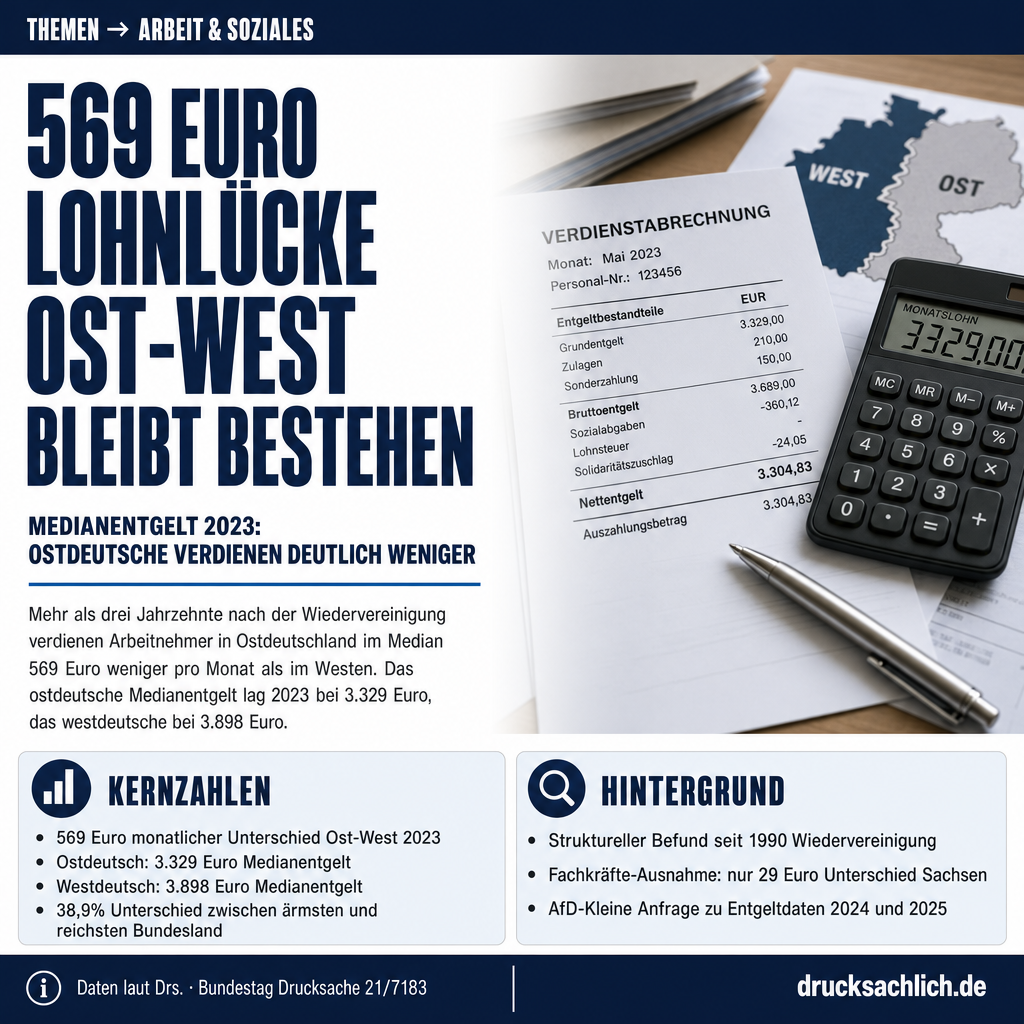 Lohnlücke Ost-West: 569 Euro Medianentgelt-Unterschied bleibt