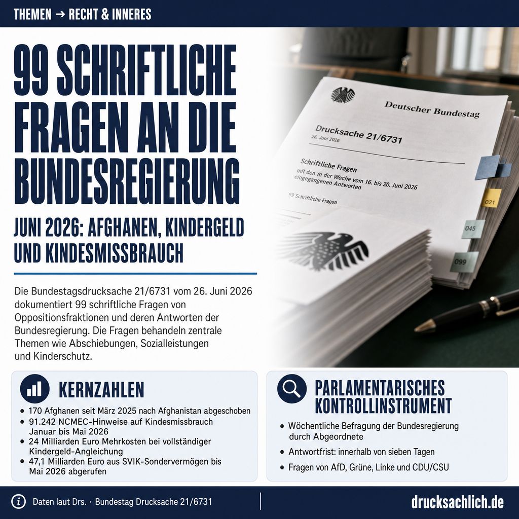 Schriftliche Fragen Juni 2026: 99 Antworten der Bundesregierung