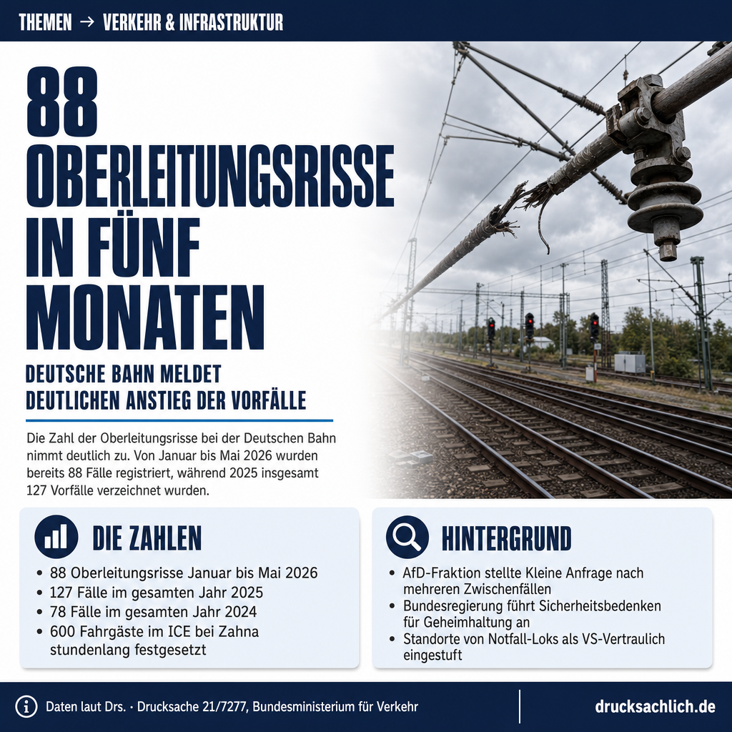 Bahn-Oberleitungsrisse 2026: 88 Vorfälle in fünf Monaten