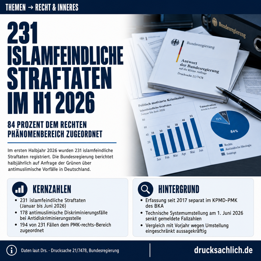 Islamfeindliche Straftaten 2026: 231 Fälle im ersten Halbjahr