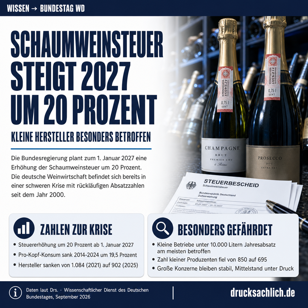 Schaumweinsteuer steigt 2027 um zwanzig Prozent