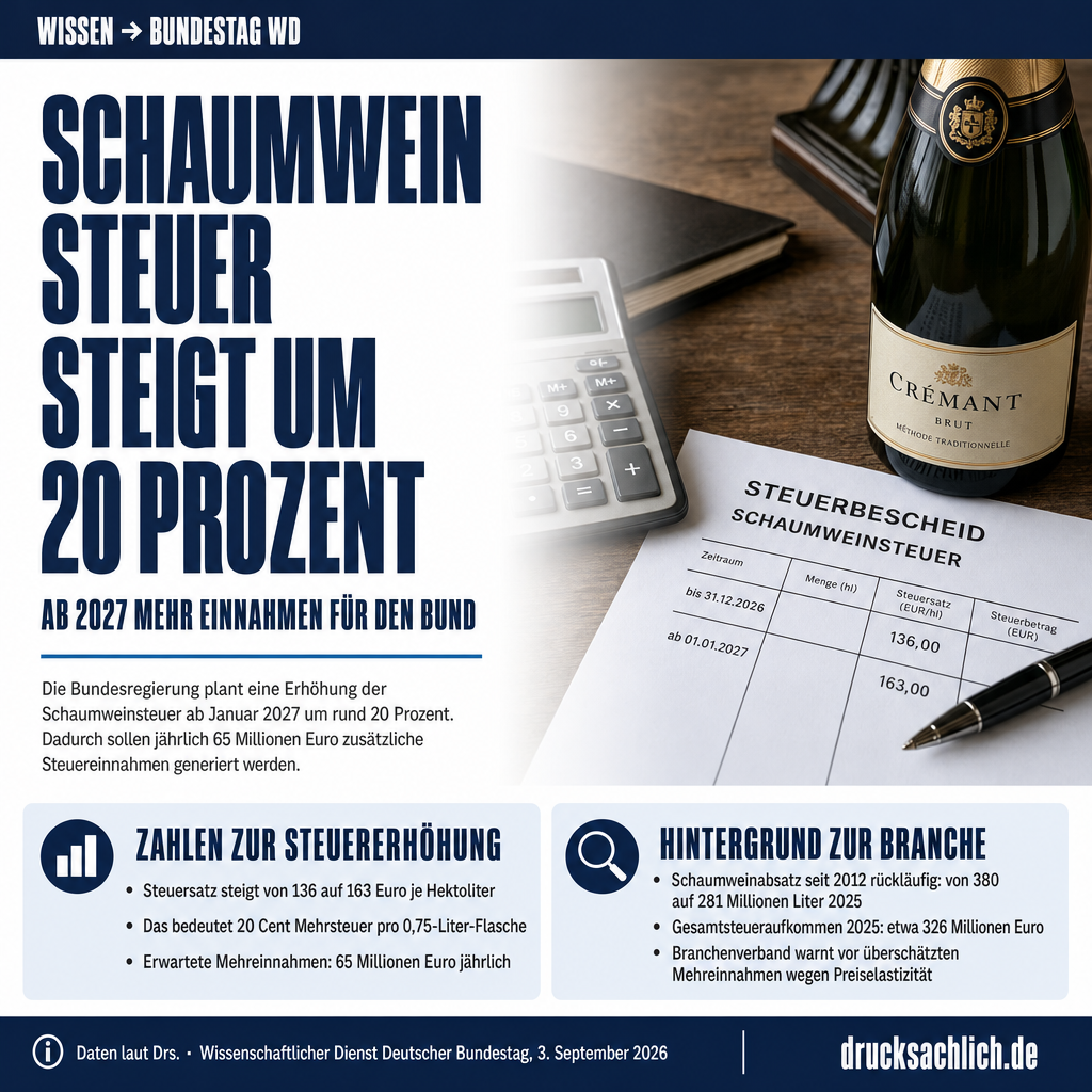 Schaumweinsteuer soll 2027 um 20 Prozent steigen