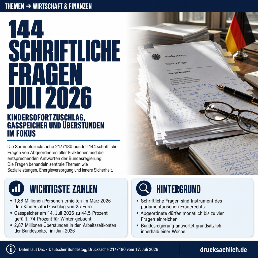 Schriftliche Fragen Juli 2026: 144 Antworten im Überblick
