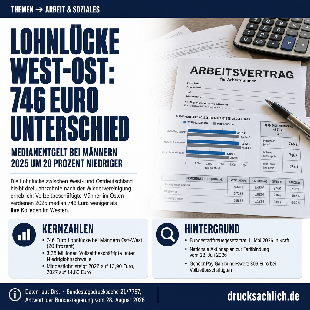 Lohnlücke Ost-West: 746 Euro Unterschied bei Männern 2025
