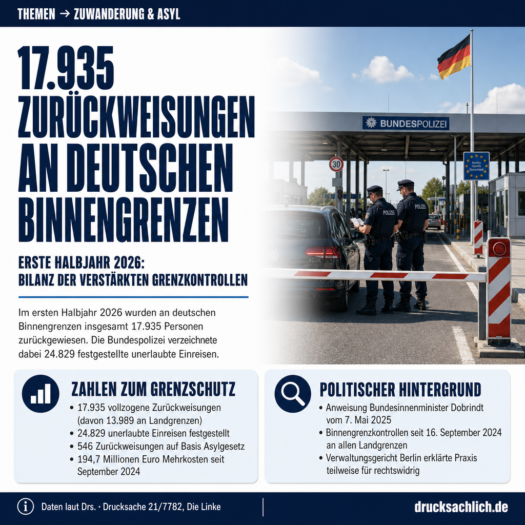 Zurückweisungen: 17.935 Fälle an Binnengrenzen im 1. Halbjahr 2026