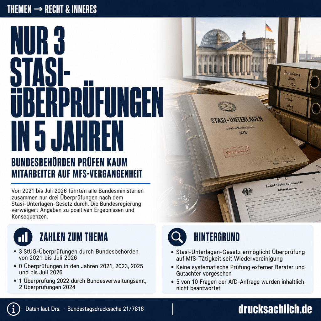 Stasi-Überprüfungen im Bundesdienst: 3 Fälle in 5 Jahren