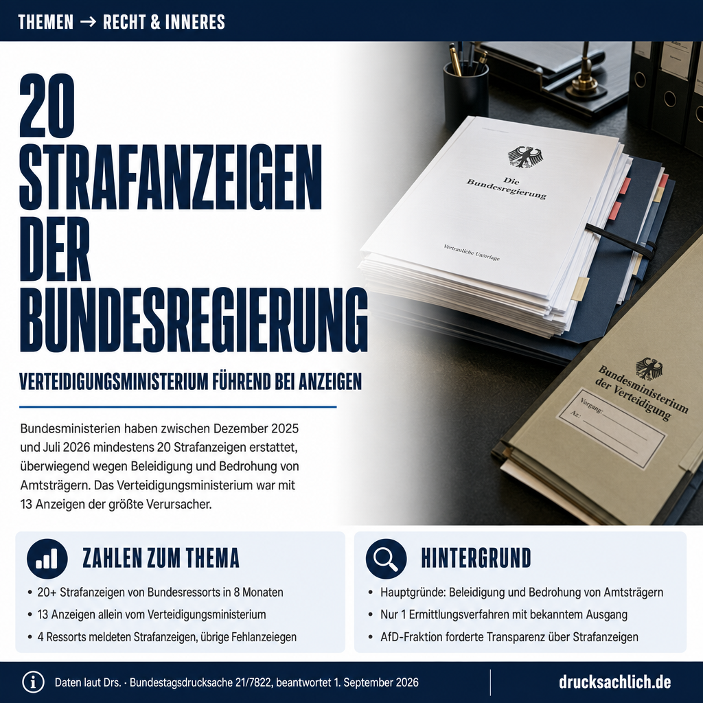 Strafanzeigen der Bundesregierung: 20 Fälle bis Juli 2026