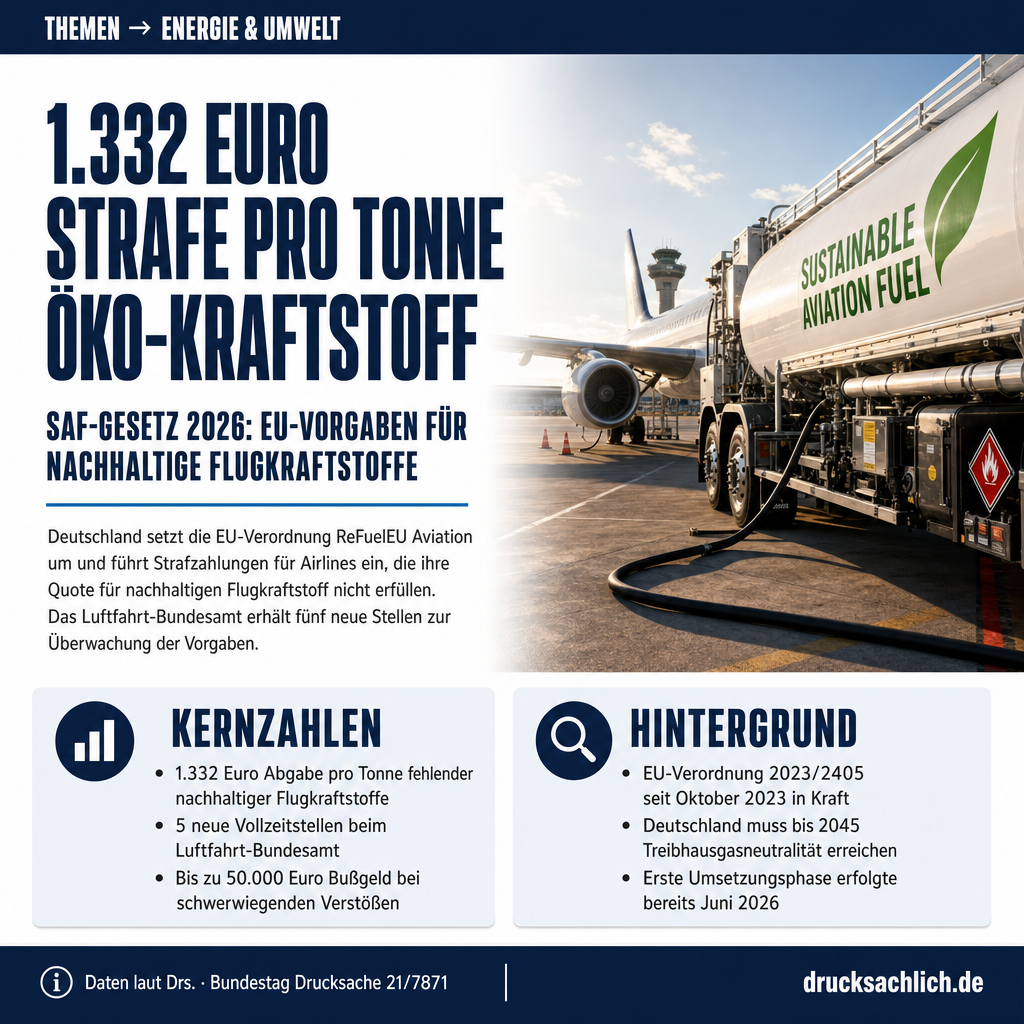 SAF-Gesetz 2026: 1.332 Euro Strafe pro Tonne Öko-Kraftstoff