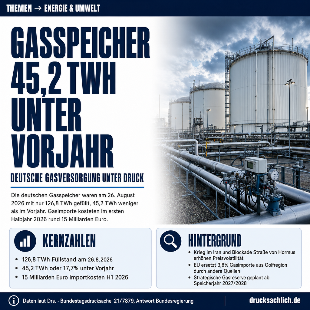 Gasspeicher 2026: Füllstand 45,2 TWh unter Vorjahr