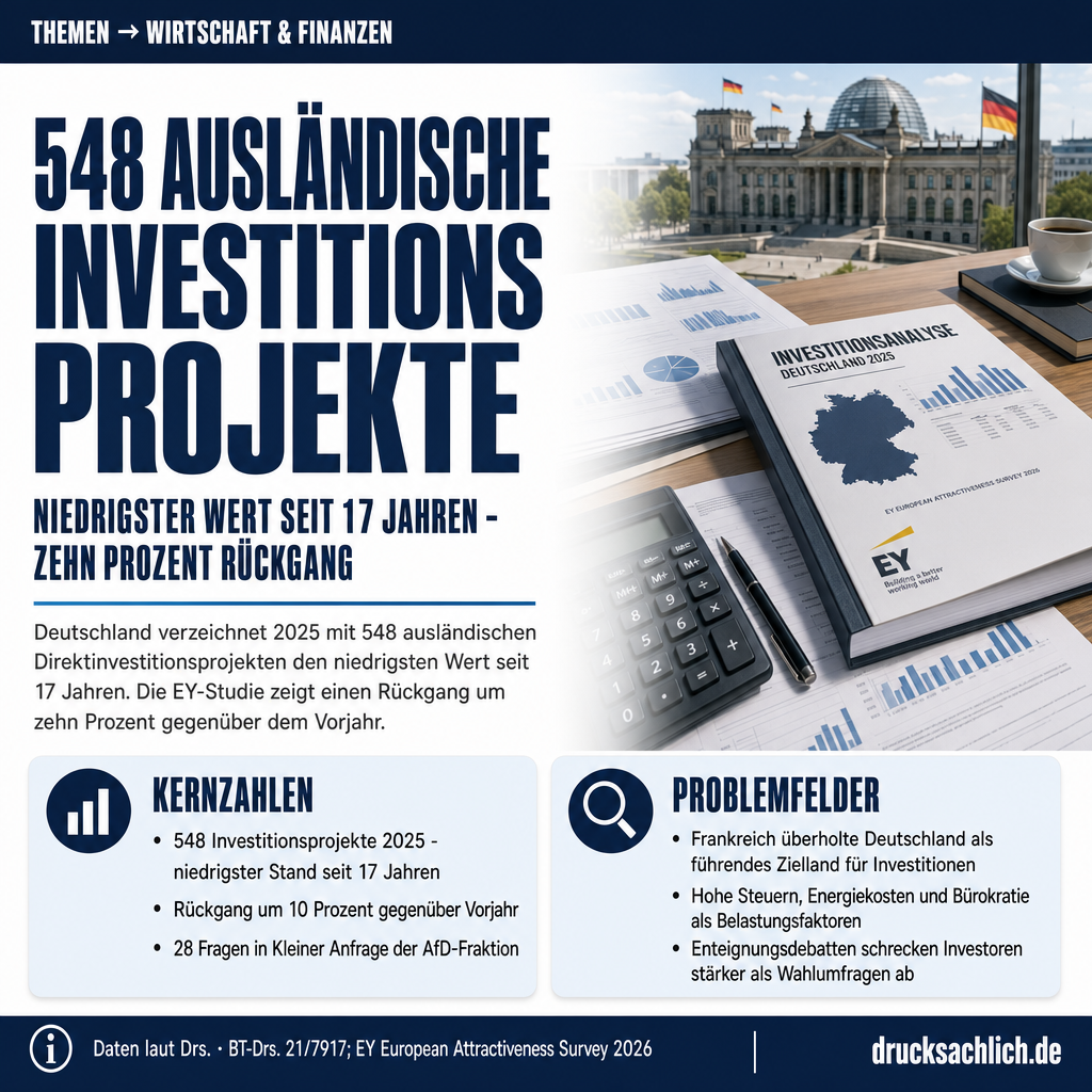 Ausländische Direktinvestitionen: 548 Projekte – 17-Jahres-Tief