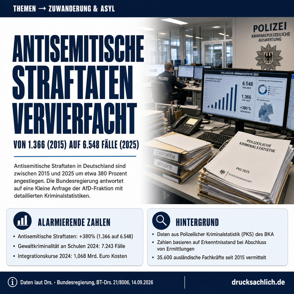 Antisemitische Straftaten: 1.366 (2015) auf 6.548 (2025)