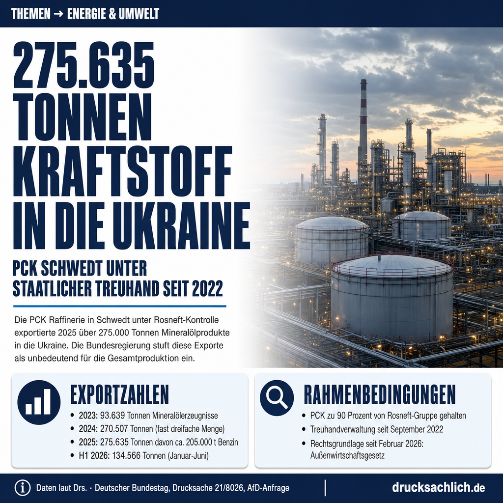 PCK Schwedt: Kraftstoffexporte in die Ukraine und Rosneft-Treuhand