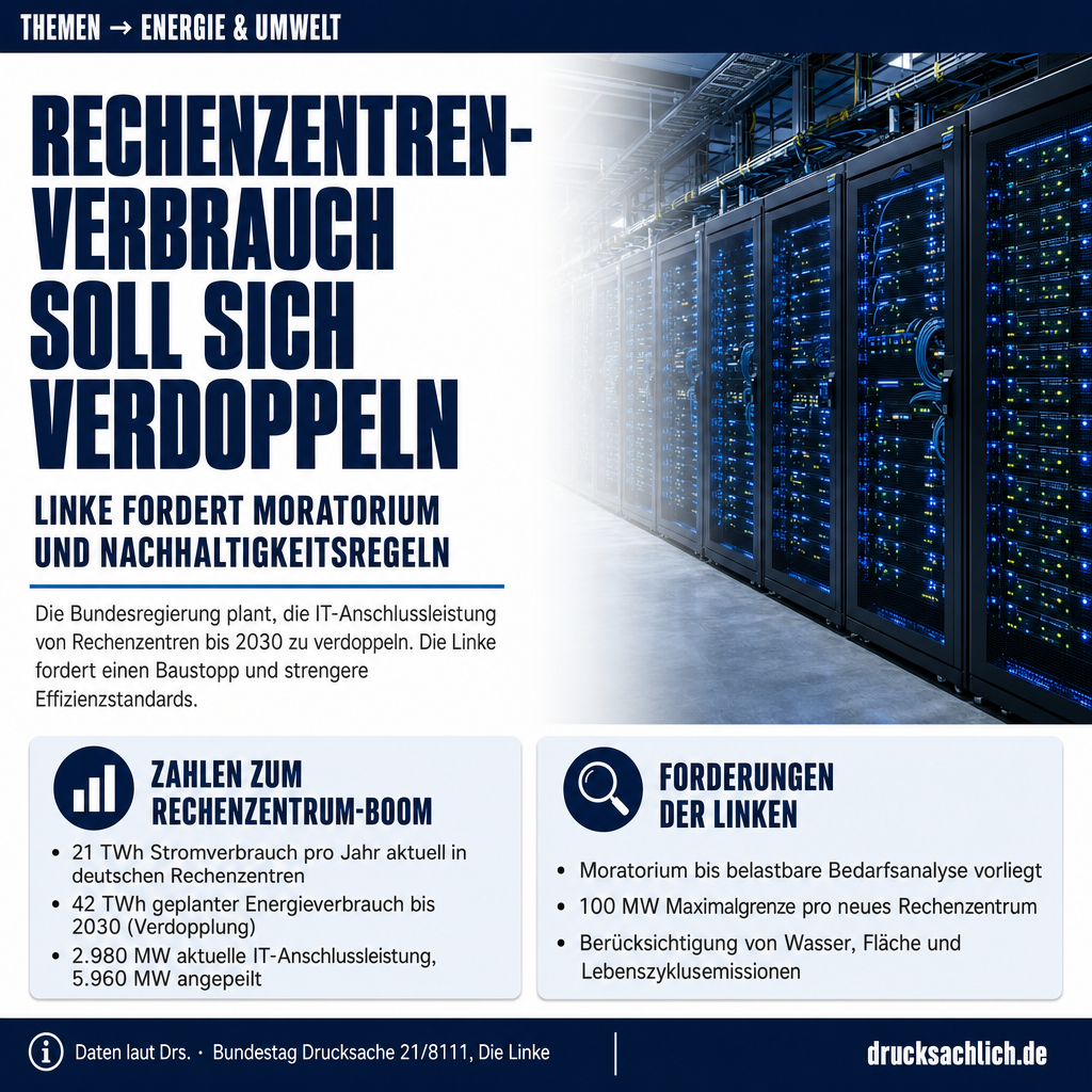 Rechenzentren: Linke fordert Moratorium und Nachhaltigkeitsregeln
