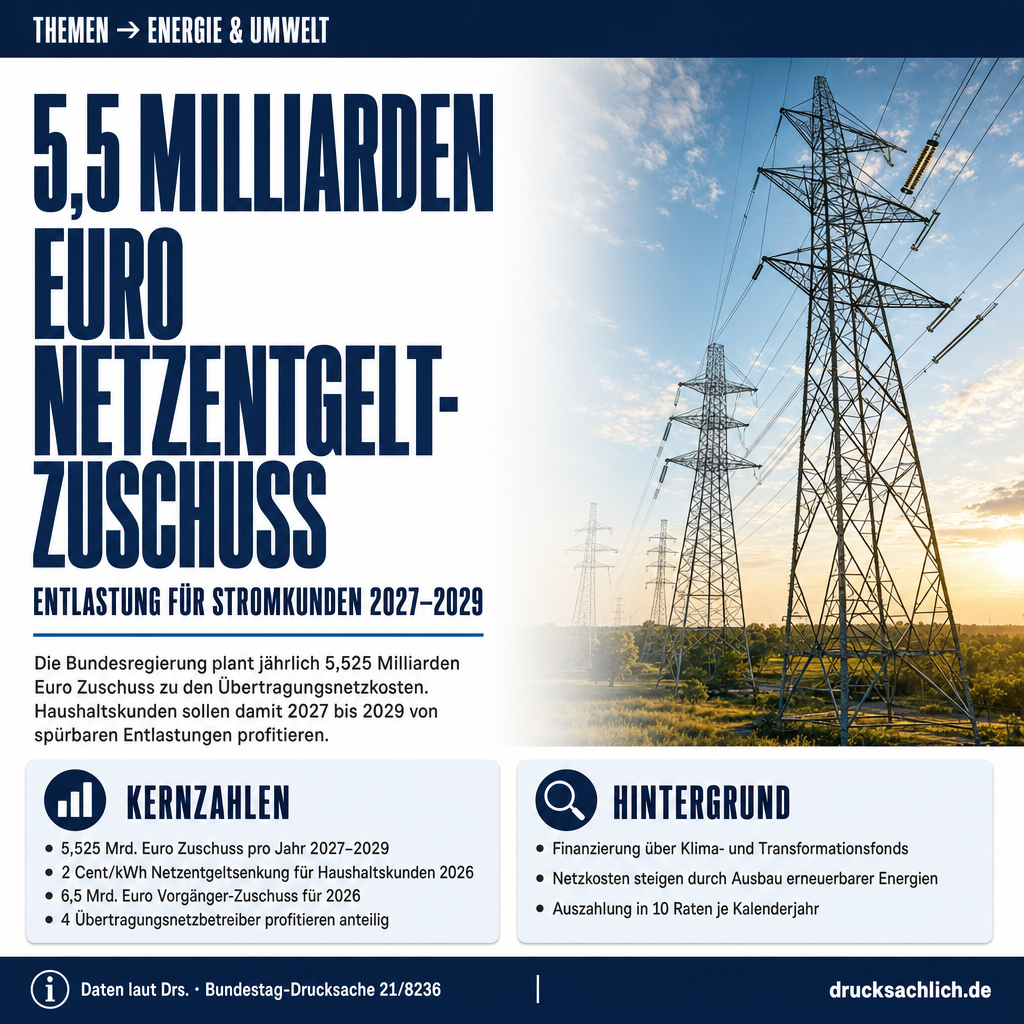 Stromnetzentgelte: 5,5 Mrd. Euro Zuschuss jährlich 2027–2029