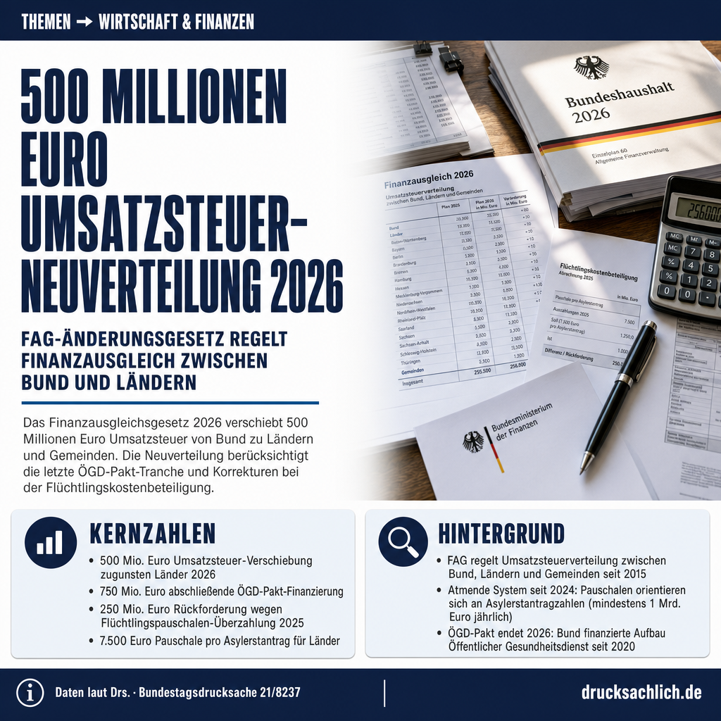 FAG-Änderungsgesetz 2026: 500 Mio. Euro Umsatzsteuer-Neuverteilung