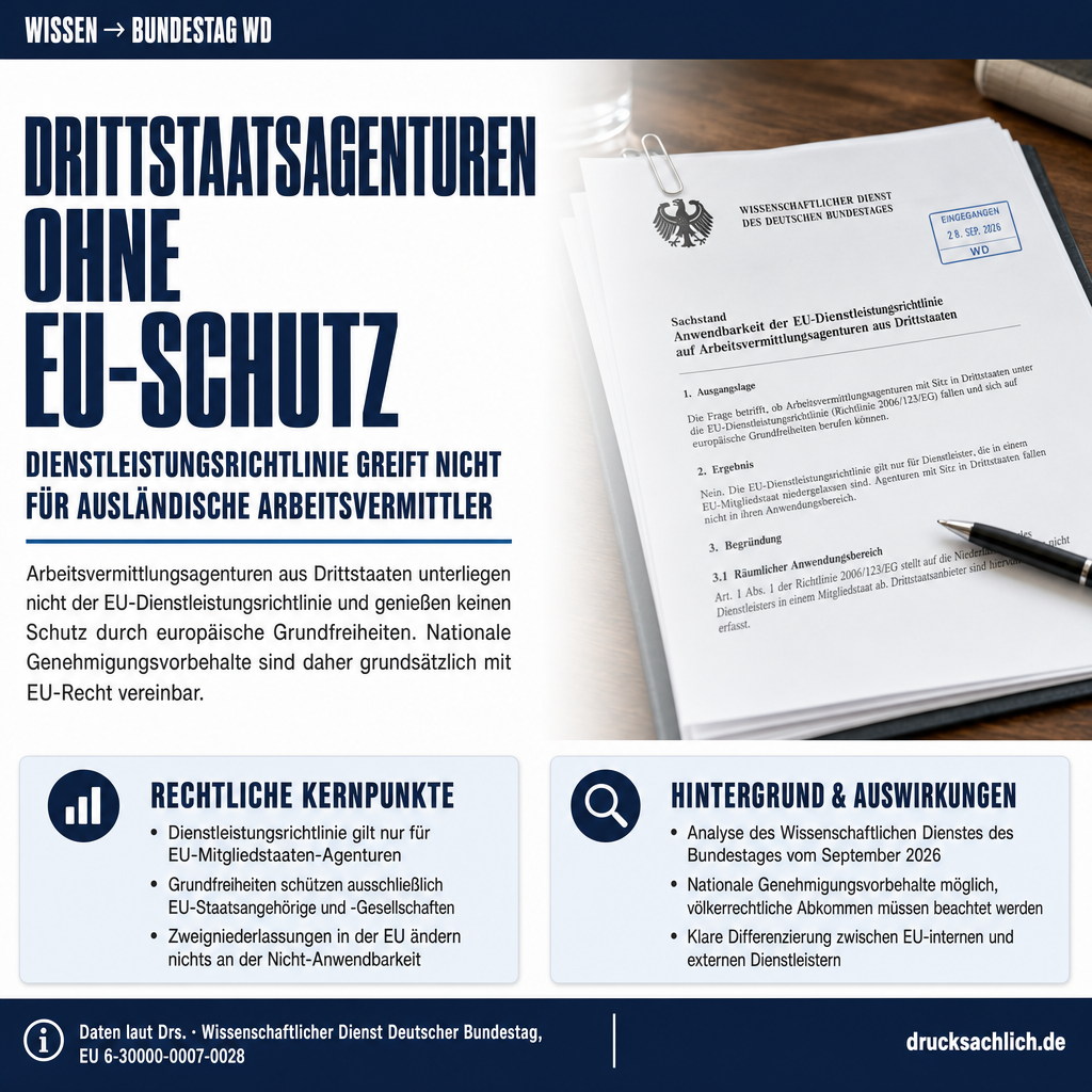 Zur Anwendbarkeit der Dienstleistungsrichtlinie und der Grundfreiheiten auf Arbeitsvermittlungsagenturen aus Drittstaaten, EU 6-30000-0007-0028