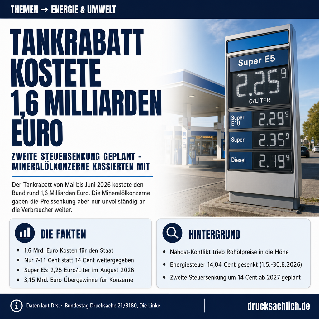 Tankrabatt 2026: 1,6 Mrd. Euro Kosten, zweiter Rabatt geplant