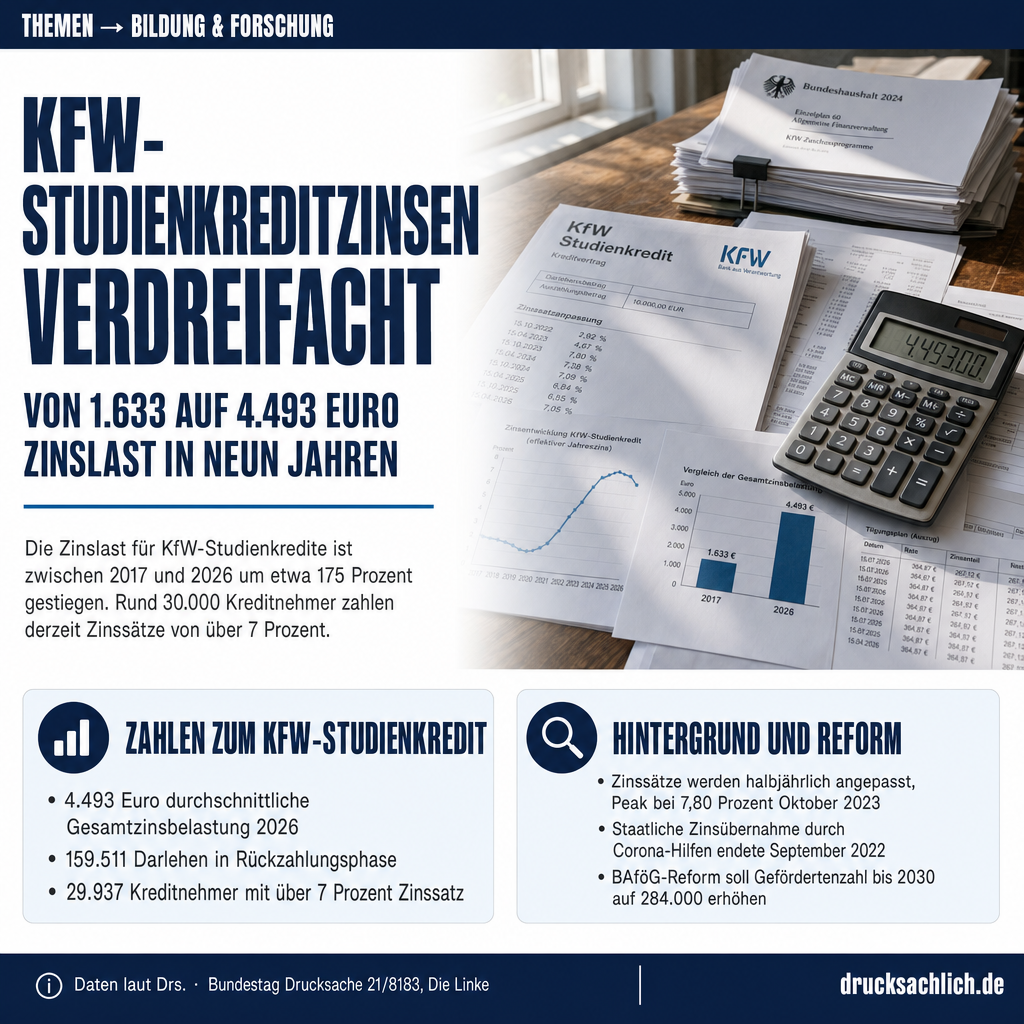 KfW-Studienkredit: Zinslast stieg auf 4.493 Euro
