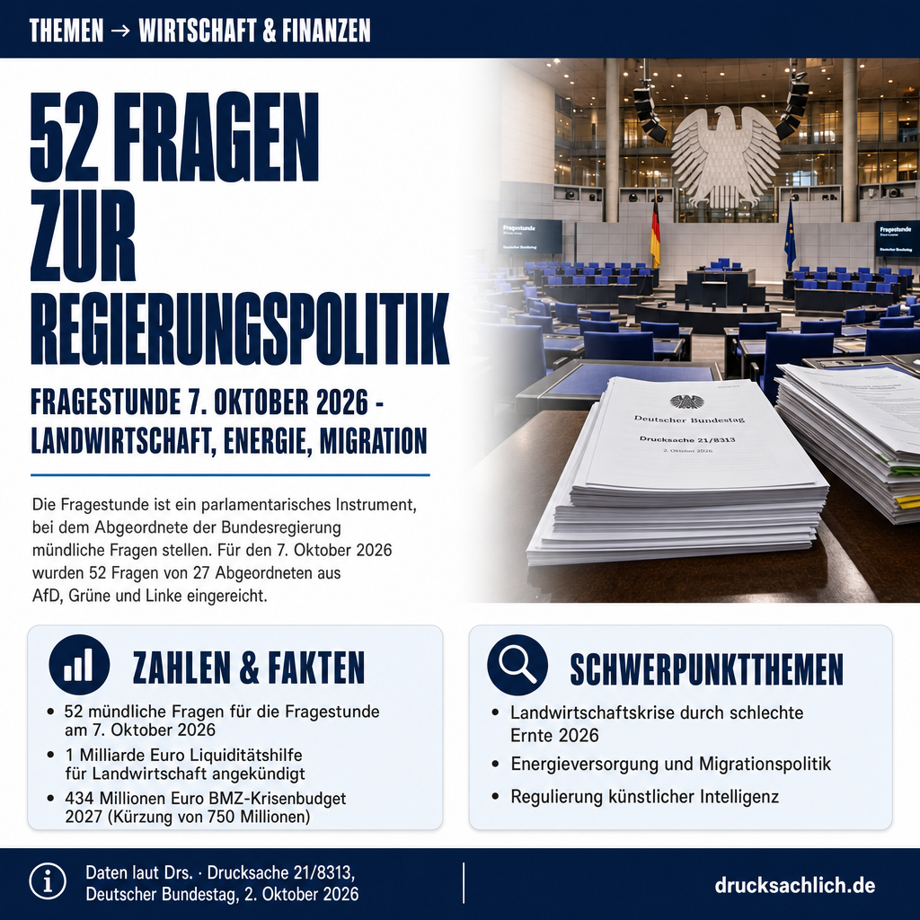 Fragestunde 7. Oktober 2026: 52 Fragen an die Bundesregierung