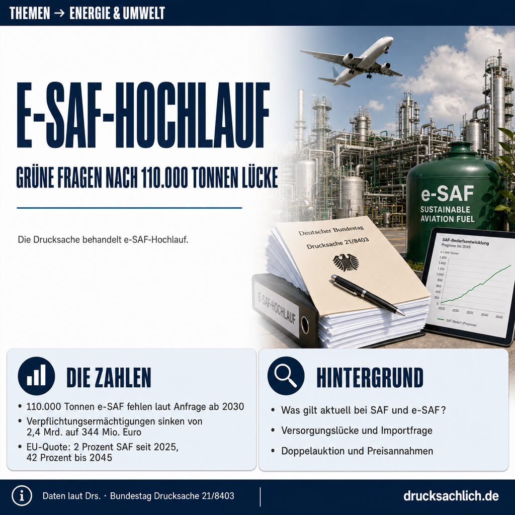 e-SAF-Hochlauf: Grüne fragen nach 110.000 Tonnen Lücke
