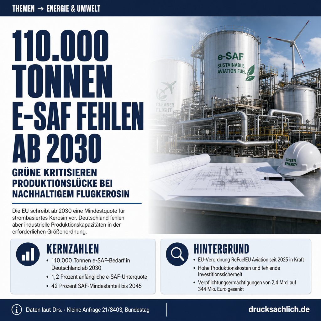 e-SAF-Hochlauf: Grüne fragen nach 110.000 Tonnen Lücke