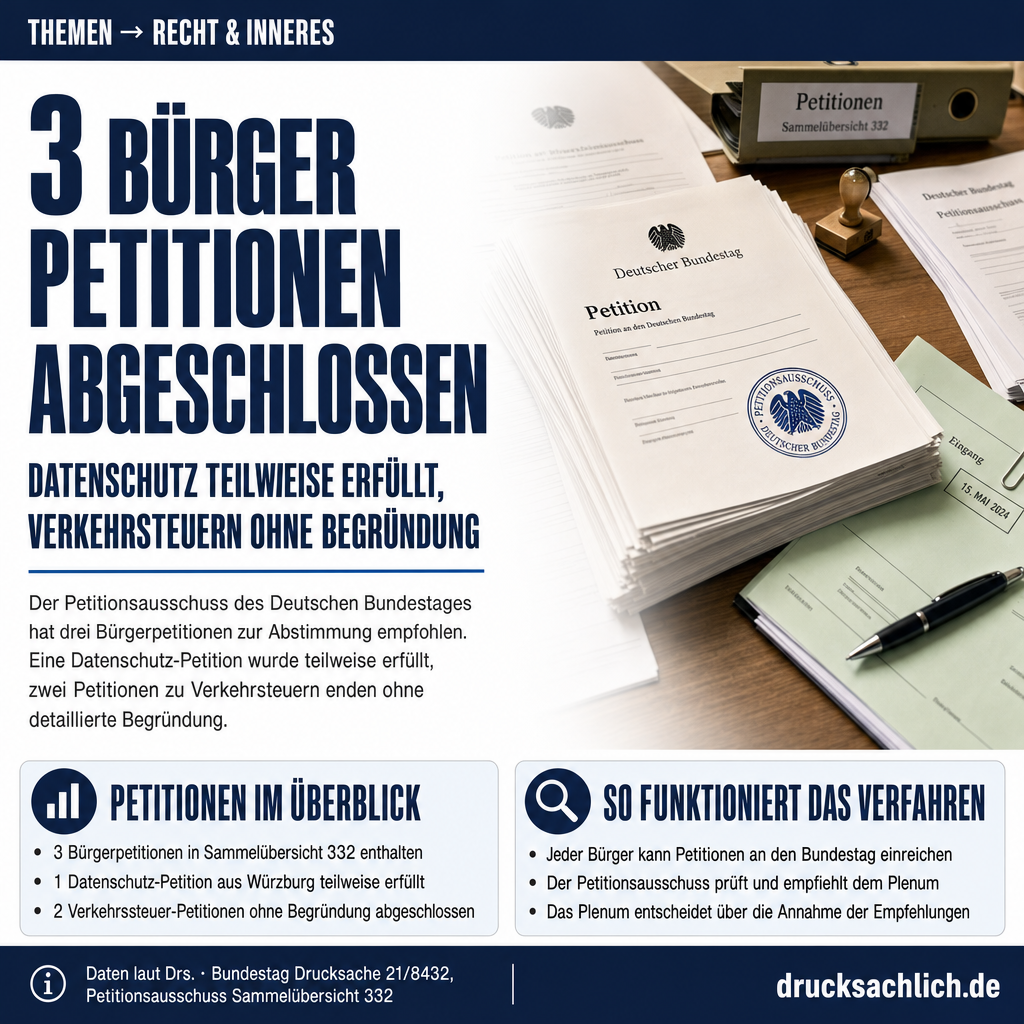 Petitionen zu Datenschutz und Verkehrsteuern – Abschluss empfohlen