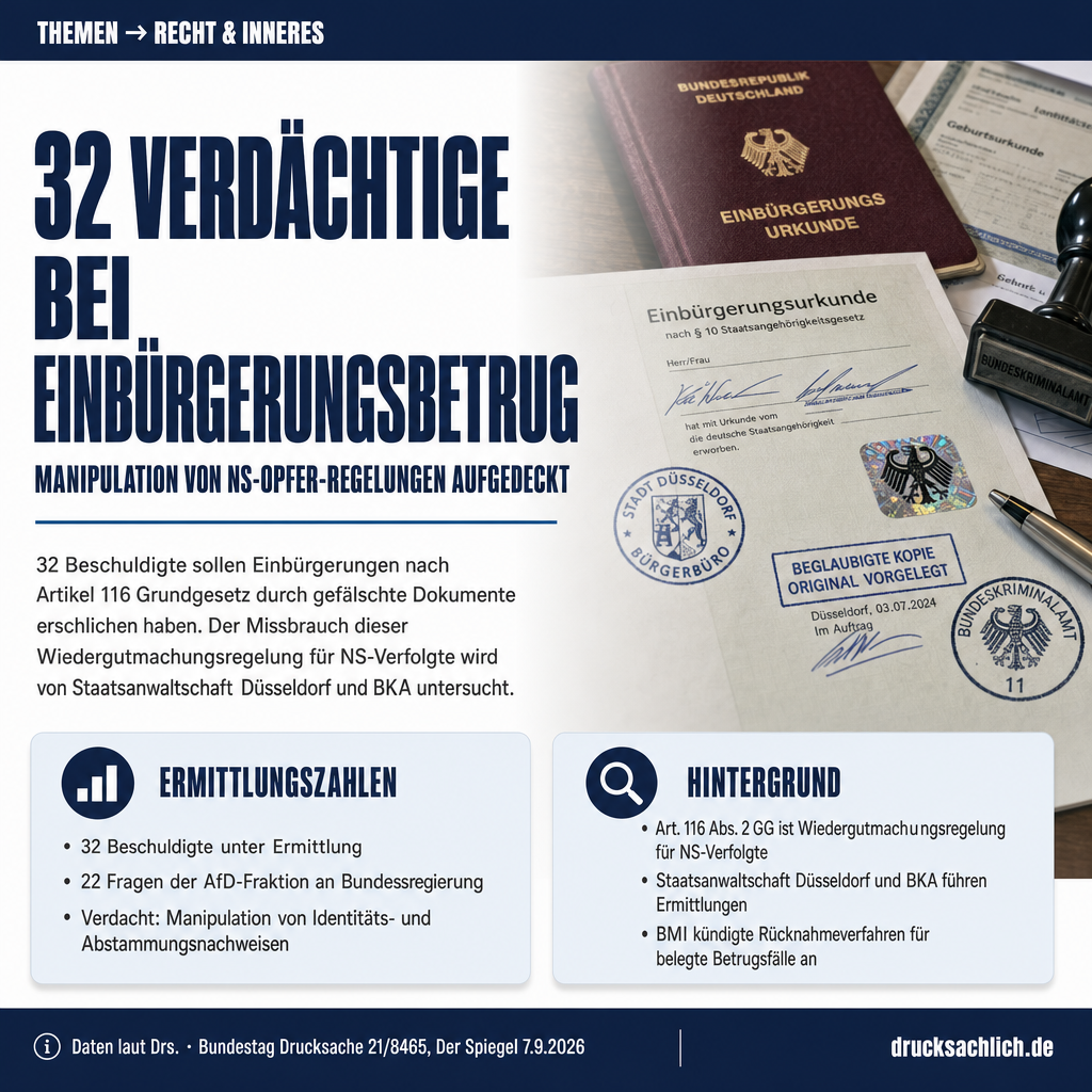 Einbürgerung Art. 116 GG: 32 Verdächtige, Betrug mit NS-Opfer-Identitäten