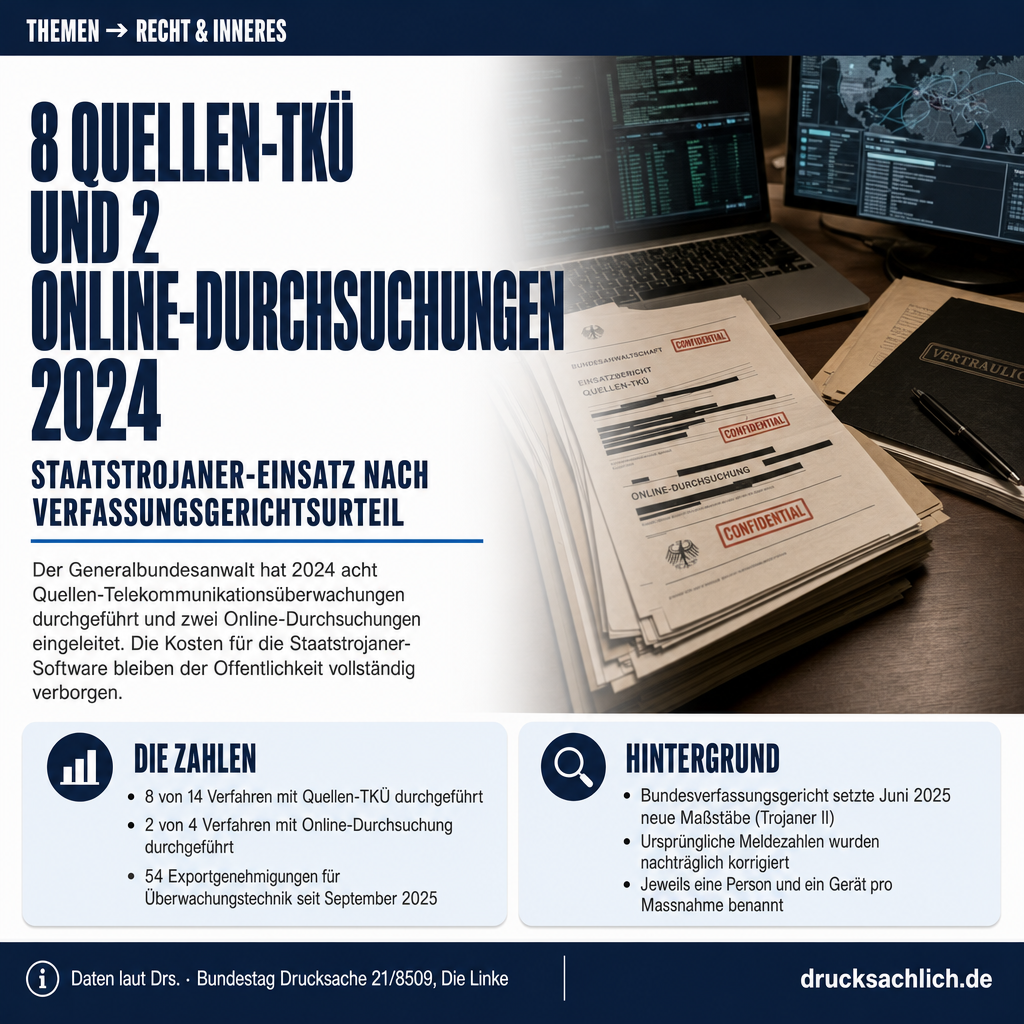 Staatstrojaner 2024: 8 Quellen-TKÜ, 2 Online-Durchsuchungen